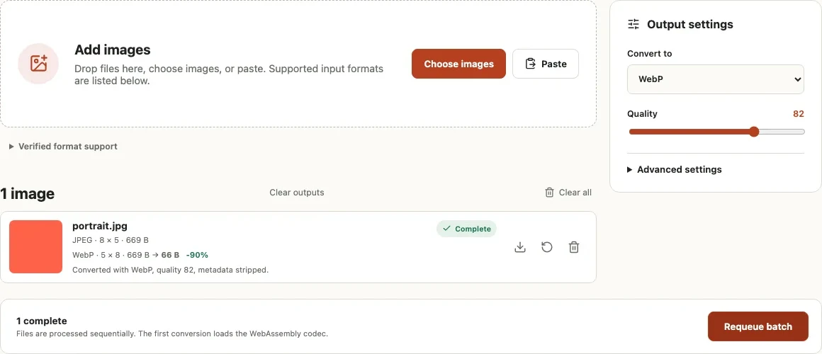 Detail of Image Converter showing WebP settings, the completed sample conversion, and batch controls