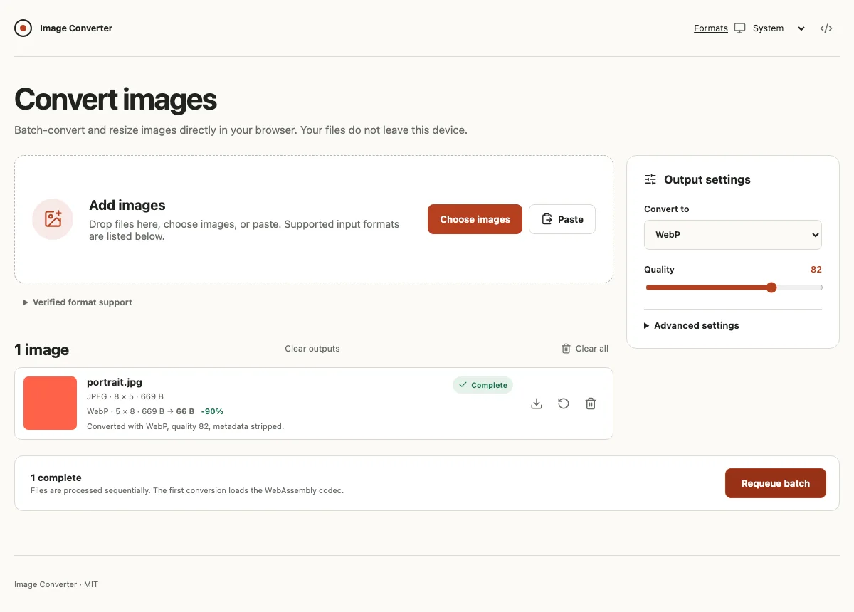 Image Converter interface with a completed sample image and WebP output settings