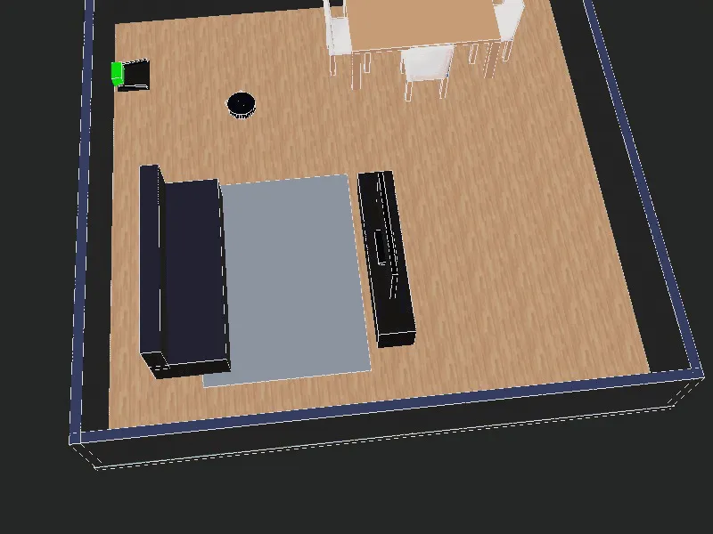 Webots simulation room viewed from above, with the virtual vacuum and docking station