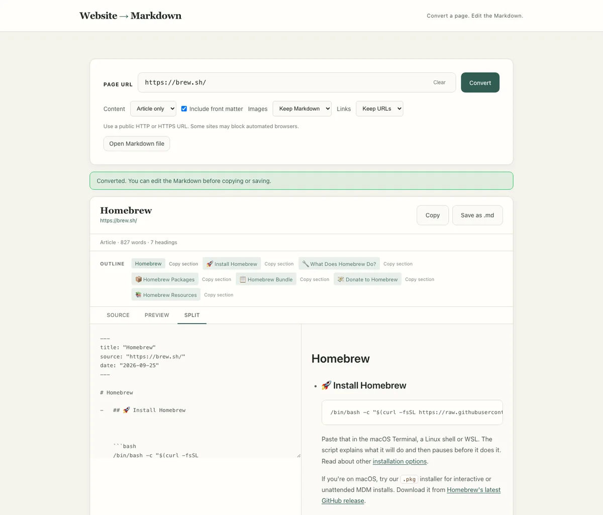 Web to Markdown showing a completed Homebrew conversion with editable Markdown and rendered preview side by side